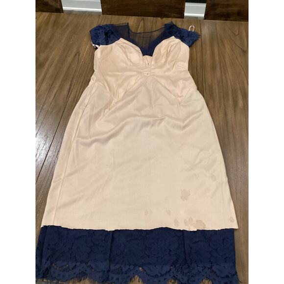 Rene Ruiz illusion Lace Mesh Evening sheath Knee short sleeve Dress Navy Blue 8 - Picture 13 of 14